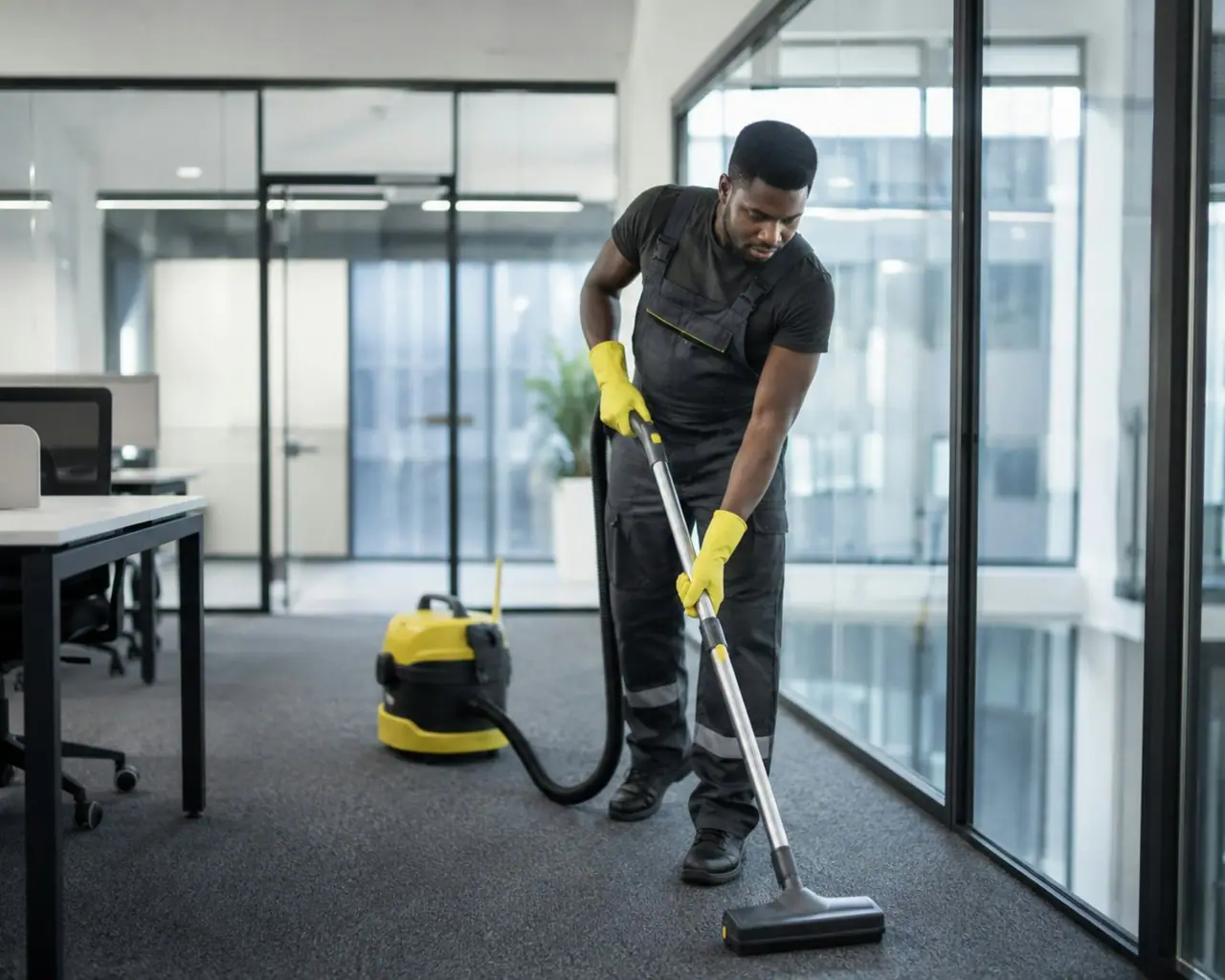 Professional cleaner vacuuming a bright modern office