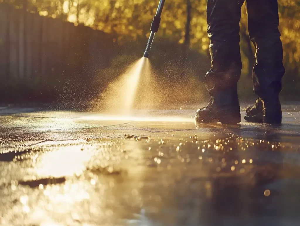 Pressure washing a concrete driveway in golden afternoon light